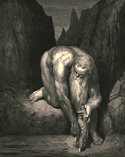 Ändå i avgrunden, att Lucifer med Judas låga ingulfs, lätt placerade han oss, c1890. av Gustave Dore