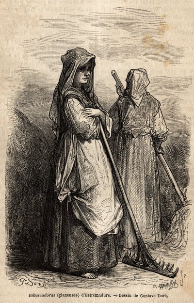plockarna i Estremadure, med sina stora träkrattor för att plocka upp den del av skörden som glömdes bort på fälten efter skörden. Gravyr för att illustrera resan till Spanien av Gustave Dore (1832-1883) illustratör och baron Ch. Davillier reagerar av Gustave Dore