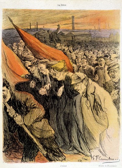 Svängd skara med röda flaggor, "" La Grève"" av Flaschoën, deb. 20:e s. av Gustave Flasschoen