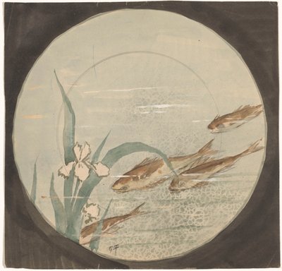Design för en tallrik med fyra bruna fiskar som simmar uppåt nära en vit iris av Gustave Fraipont (signed by artist)