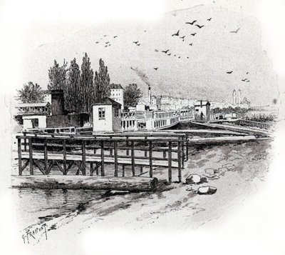 Vattenbussar (pendlarbåtar) reparationsverkstäder på seinefloden i Paris Ritning av Gustave Fraipont (1849-1923) hämtar från "La seine a travers Paris" av Saint-Judges av Gustave Fraipont
