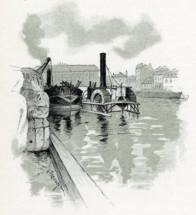 Båtar förtöjer i hamnen i La Villette, Paris (Båtar i hamnen i La Villette, Paris) Teckning av Gustave Fraipont (1849-1923) hämtar från "La seine a travers Paris" av Saint-Juirs av Gustave Fraipont