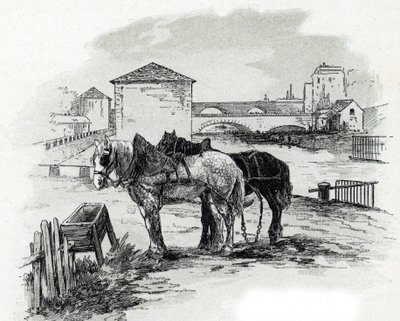 Horses de haulage, quai de la Gironde, Villette (hästar som används för att bogsera båtarna i kanalen saint-denis, quai de la gironde, Villette Paris) Teckning av Gustave Fraipont (1849-1923) från Saint-Juirs av Gustave Fraipont