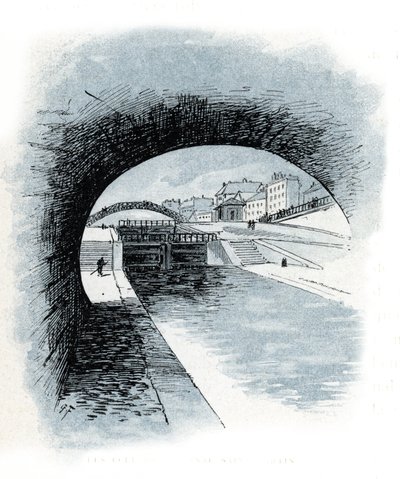 Les ecluses du canal saint Martin, Paris (Utsikt över slussarna till kanalen Saint-Martin, Paris) Teckning av Gustave Fraipont (1849-1923) hämtar från "La seine a travers Paris" av Saint-Juirs av Gustave Fraipont