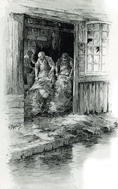Megissiers de la rue des gobelins i Paris (Garvare som arbetar med läder och djurskinn i rue des Gobelins, Paris) Teckning av Gustave Frainpont (1849-1923) hämtar från "La seine a travers Paris" av Saint-Juirs av Gustave Fraipont