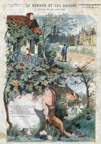 Räven och druvorna. Fabler av Jean de La Fontaine (1621-95).Illustration av Gustave Fraipont (1849 -1923). Privat samling. av Gustave Fraipont