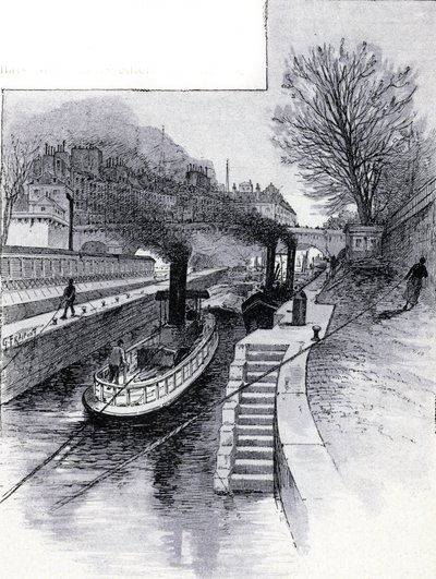 Bogserbåtar av slussen vid floden Seine framför Hotel des Monnaie, Paris Teckning av Gustave Fraipont (1849-1923) från Saint-Juirs av Gustave Fraipont