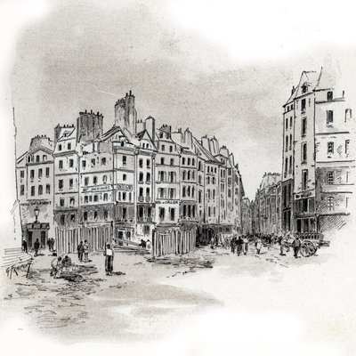Utsikt över Place Maubert, Paris Teckning av Gustave Fraipont (1849-1923) hämtar från "La seine a travers Paris" av Saint-Juirs av Gustave Fraipont