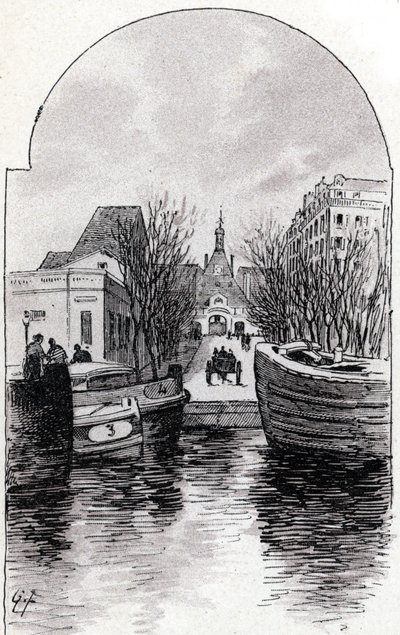 Utsikt över Hospital Saint-Louis i Paris från kanalen Saint-Martin, Paris Teckning av Gustave Fraipont (1849-1923) från Saint-Juirs "" La seine a travers Paris"" av Gustave Fraipont