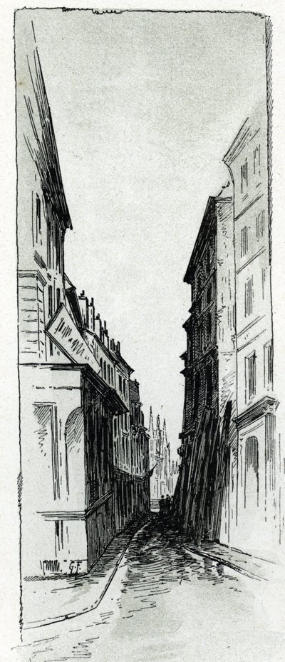 Utsikt över gatan Hotel Colbert nära Mauberttorget i Paris Teckning av Gustave Fraipont (1849-1923) från Saint-Juirs av Gustave Fraipont