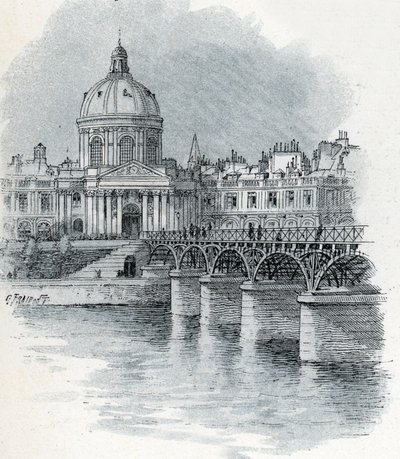 Utsikt över Institut de France och bron Pont des arts i Paris Teckning av Gustave Fraipont (1849-1923) tar från Saint-Juirs "La seine a travers Paris" av Gustave Fraipont