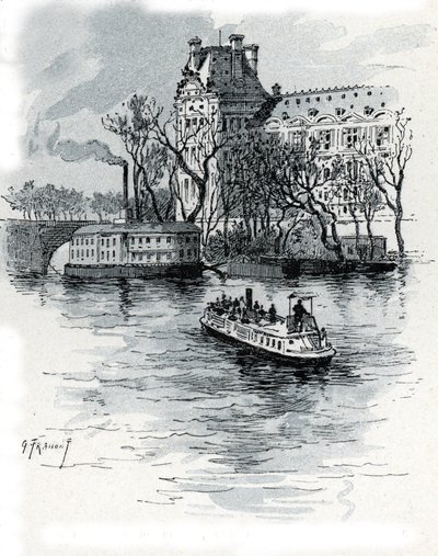 Utsikt över Pavillon de Flore, Palais du Louvre, från Quai Voltaire, Paris (Utsikt över Pavillon de Flore-delen av Louvren från quai Voltaire, Paris) Teckning av Gustave Fraipont (1849-1923) från Saint-Juirs av Gustave Fraipont