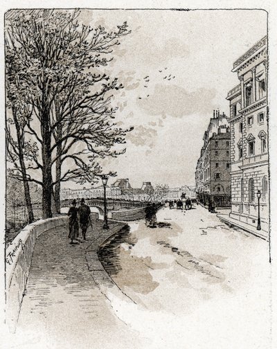Utsikt över Quai des Orfevres, Ile de la Cite, Paris Teckning av Gustave Fraipont (1849-1923) från Saint-Juirs av Gustave Fraipont