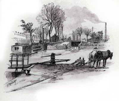 Utsikt över kanalen Saint-Denis och quai de la Gironde a la Villette, Paris (Utsikt över canal saint Denis och quai de la Gironde i Villette-distriktet, paris) Teckning av Gustave Fraipont (1849-1923) från Saint-Juirs av Gustave Fraipont