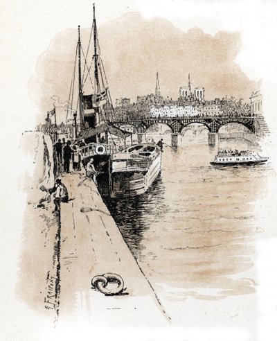 Vy över företaget Seine et Thames vars båtar förbinder Paris och London Ritning av Gustave Fraipont (1849-1923) hämtar från "La seine a travers Paris" av Saint-Juirs av Gustave Fraipont