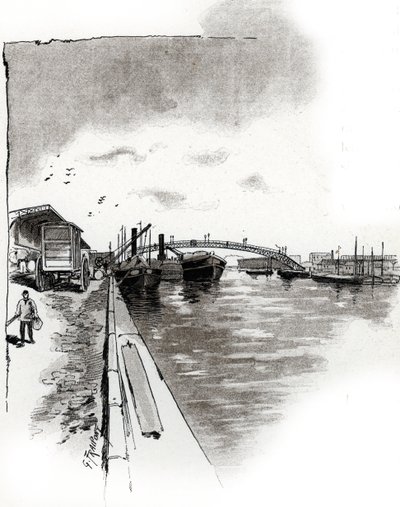 Utsikt över gångbron över Canal de la Villette, Paris (Spångbro över Canal de la Villette, Paris) Teckning av Gustave Fraipont (1849-1923) hämtar från "La seine a travers Paris" av Saint-Juirs av Gustave Fraipont