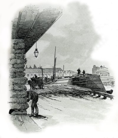 Utsikt över hangarerna i hamnen i La Villette i Paris (Sjöbodar och skjul i hamnen i La Villette, Paris) Teckning av Gustave Fraipont (1849-1923) hämtar från "La seine a travers Paris" av Saint-Juirs av Gustave Fraipont