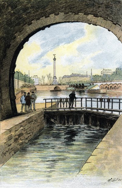 Utsikt över slussen till Canal Saint Martin i Paris Teckning av Gustave Fraipont (1849-1923) från "La seine a travers Paris" av Saint-Juirs av Gustave Fraipont
