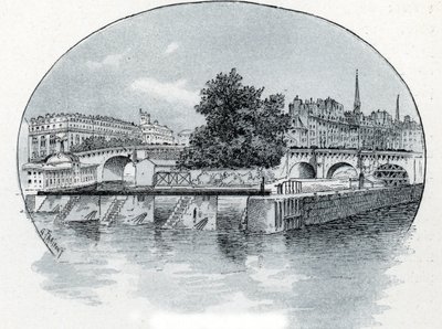 Utsikt över Monnaies sluss, framför Hotel des Monnaie i Paris Teckning av Gustave Fraipont (1849-1923) hämtar från Saint-Juirs "La seine a travers Paris" av Gustave Fraipont