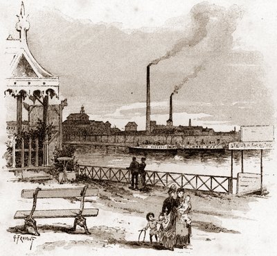 Vy över quai de Javel i Paris, actuel quai André-Citroen (Vy över quai Andre Citroen tidigare quai de Javel, Paris) Teckning av Gustave Fraipont (1849-1923) hämtar från "La seine a travers Paris" av Saint- Juirs av Gustave Fraipont