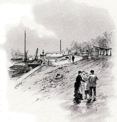 Utsikt över notflodens stränder och kajen Saint-Bernard, Paris Teckning av Gustave Fraipont (1849-1923) hämtar från "La seine a travers Paris" av Saint-Juirs av Gustave Fraipont