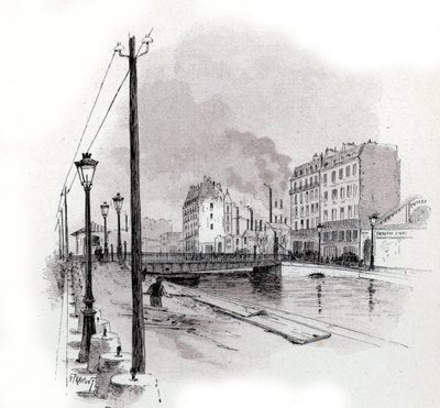 Utsikt över den svängande bron över quai de Valmy på kanalen Saint Martin, Paris Teckning av Gustave Fraipont (1849-1923) från Saint-Juirs av Gustave Fraipont
