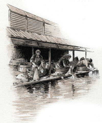 ヴァルミー川岸の洗濯婦、サン マルタン川岸、パリ ギュスターヴ フライポン (1849-1923) の絵は、サン ジュールスウェディッシュの「パリを横断するラ セーヌ」から描いたものです。 av Gustave Fraipont