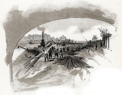 dechargement du fer sur le quai saint Bernard a Paris (Järnbockar som släpps ut av hamnarbetarna på seineflodens stränder på kajen Saint-Bernard i paris) Teckning av Gustave Fraipont (1849-1923) hämtar från "La seine a travers Paris" av Saint-Juirs av Gustave Fraipont