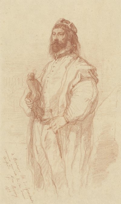 Stående man med staty av Gustave François Morin