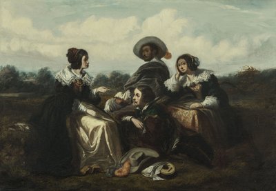 Berättelsen. Karaktärer i Louis XIII-dräkt, ca 1830 (olja) av Gustave François Morin