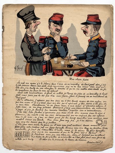 Ett absurt brev från en soldat skrivet till sin far, med stavfel och grammatikfel, om pengar och familj. Teckning av Gustave Frison i "The Pleasant World" Weekly, komisk och satisk tidskrift från 1880. av Gustave Frison