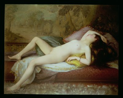 Naken liggande på en schäslong (olja på duk) av Gustave Henri Eugene Delhumeau