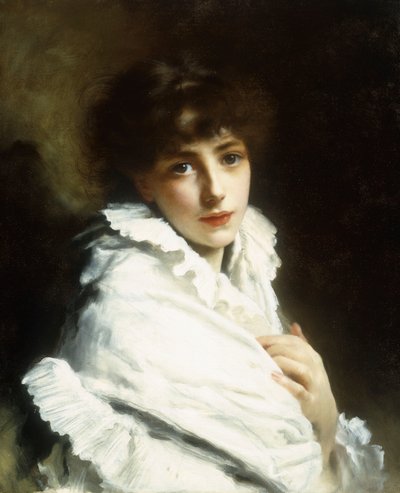 Porträtt av en ung flicka i vitt av Gustave Jacquet