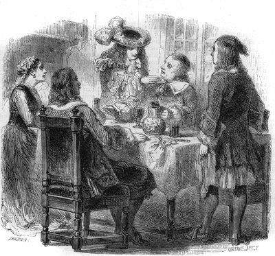 Den ryske tsaren Peter den store (1672-1725), heberge i Frankrike med familjen Kalf, observerar diskussionen mellan sin värd och en berusad markis de Bernardini. Gravyr av Gustave Janet av Gustave Janet