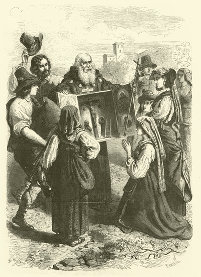 Utställaren av reliker, Italien (gravyr) av Gustave Janet