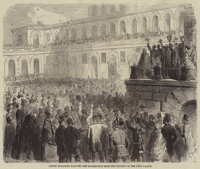 Victor Emmanuel saluting the Florentines from the Gallery of the Pitti Palace  av Gustave Janet