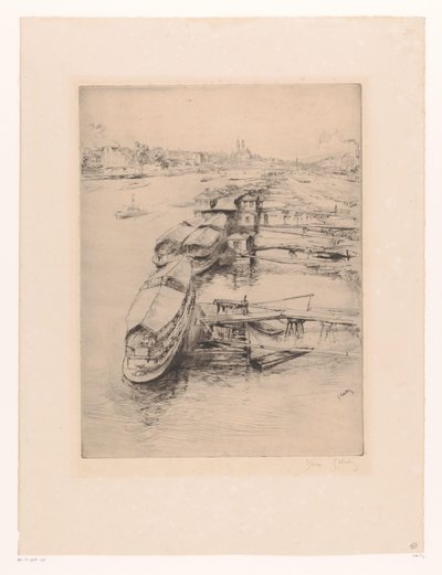 Förtöjda båtar i Auteuil, Paris Les bateaux Parisiens, Auteuil av Gustave Leheutre (signed by artist)