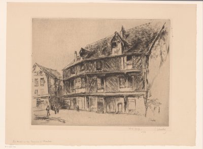 Gata med hus och vandrare i Chartres La maison du saumon (Chartres) (titel på objekt) av Gustave Leheutre (signed by artist)