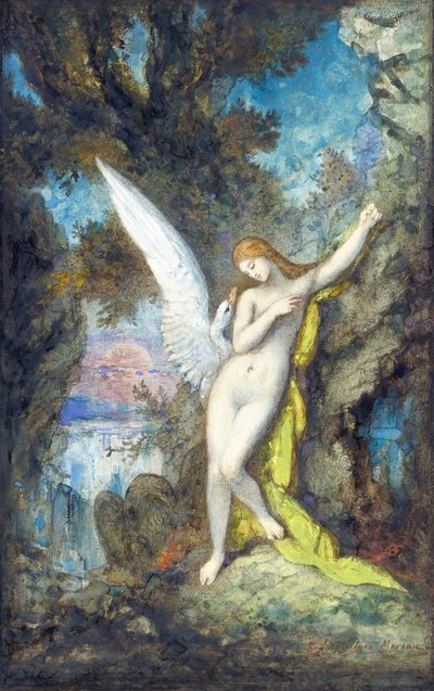 Leda och svanen par Moreau, Gustave (1826-1898), - Akvarell, Gouache på papper, 34,2x22,2 - Privat samling av Gustave Moreau