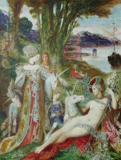 Enhörningarna (olja på duk) av Gustave Moreau