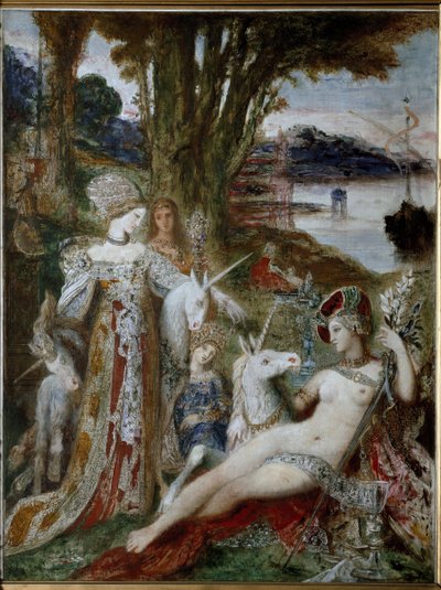Enhörningarna - Olja på duk, cirka 1885 av Gustave Moreau