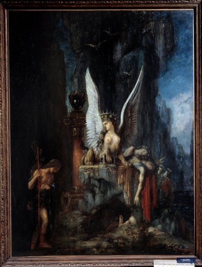Resenären eller Oidipusresenären eller Egaliten före döden Oidipus framför sfinxen. Målning av Gustave Moreau (1826-1898) 1800-talets sön. 0,93x1,24 m Metz, musee des Beaux Arts. - Resenären eller Oidipus resenären eller jämlikhet före döden, av Gustave Moreau
