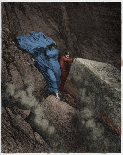 Inferno, Canto 11: Påven Anastasius II:s brinnande grav (Anastas II), illustration från Den gudomliga komedin av Dante Alighieri, 1885 (digitalt färgad gravyr) av Gustave after Dore