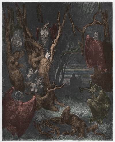 Inferno, Canto 13: Harpiorna i självmordsskogen, illustration från The Divine Comedy av Dante Alighieri, 1885 (digitalt färgad gravyr) av Gustave after Dore