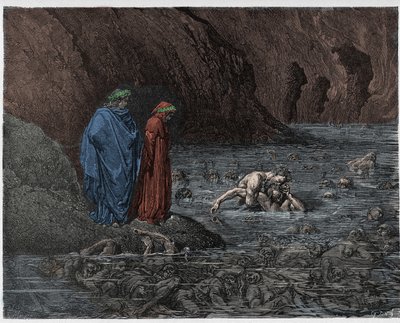 Inferno, Canto 32: Ugolino (Ugolin della Gherardesca) gnager i huvudet av ärkebiskop Ruggieri (Ruggeri Ubaldini), illustration från The Divine Comedy av Dante Alighieri, 1885 (digitalt färgad och av Gustave after Dore