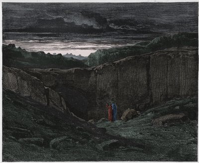 Inferno, Canto 3: Vergilius och Dante vid helvetets portar, illustration från The Divine Comedy av Dante Alighieri, 1885 (digitalt färgad gravyr) av Gustave after Dore