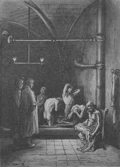 Toaletten i en fristad av Gustave after Dore