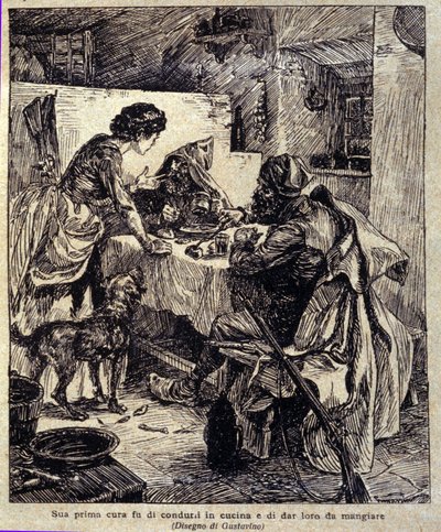 Hans första bekymmer var att köra dem till köket och mata dem... Illustration av den nya "" Colomba"" skriven av Prosper Merimee. Gravyr av Gustavino (Gustavo Rosso) (1881-1950), cirka 1915 av Gustavo Gustavino Rosso