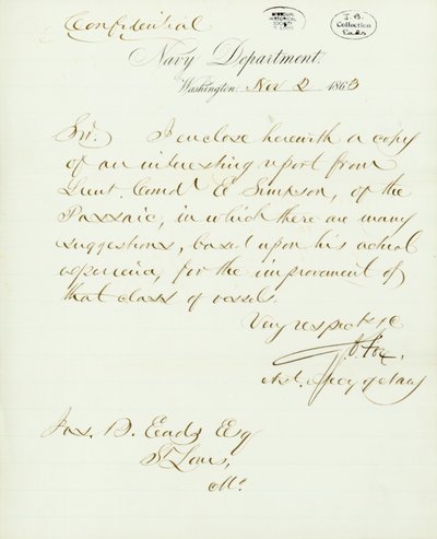 Letter signed G.V. Fox, Navy Department, Washington, to Jas. B. Eads [James B. Eads], St. Louis, Mo., November 2, 1863 av Gustavus Vasa Fox