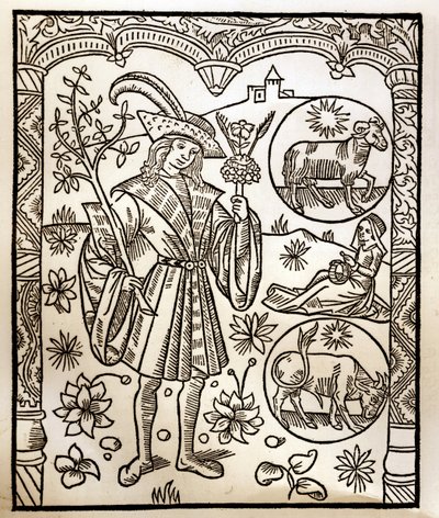 Herdekalender - Månadernas arbete - April - Träsnitt från boken från 1496 tryckt av Guy Marchant (Guido Mercator) i Troyes - Trästick i "Le grand Calendrier et compost des shepherds" - av Guy Marchant